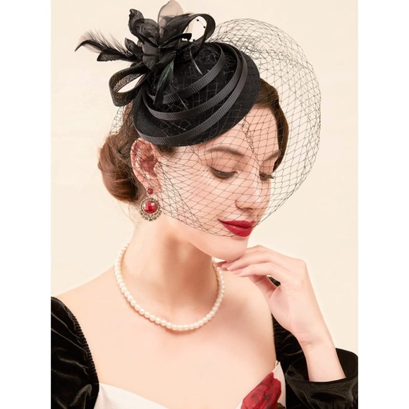 Black Fascinator Flower Mesh Feathers Hair Clip - Picture 2 of 7